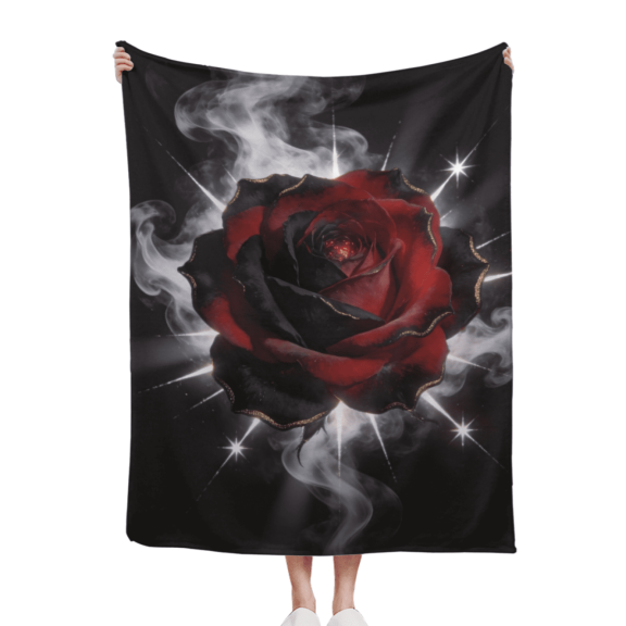 40*50in Enchanted Red and Black Ombre Rose with Gold Trim Flannel Blanket - Soft Plush Throw for Dark Romantic Home Decor