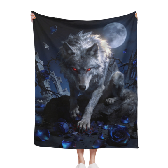40*50in Gothic Grey Wolf with Glowing Red Eyes and Blue Roses Flannel Throw Blanket - Moonlit Dark Fantasy Home Decor