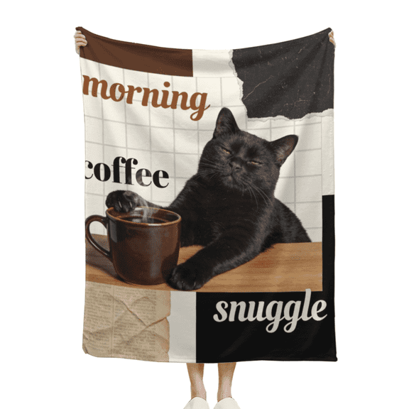 40*50in Retro Patchwork Black Cat Flannel Blanket - Soft Plush Throw with "Morning Coffee Snuggle" for Sofa, Bed, and Cozy Morning Nooks