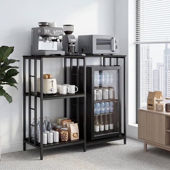 40.5In Mini Fridge Stand with Storage, 260LBS Study Iron Wood, Freestand Coffee Bar Cabinet for Microwave, Kitchen Baker Rack/Shelf for Spice/Pot/Pan
