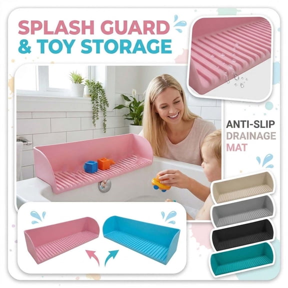 40.6 Inch Silicone Bathtub Splash Guard Play Shelf, Toy Tray & Caddy Holder with Suction Cups, Keeps Bathroom Dry During Bathing (Pink)