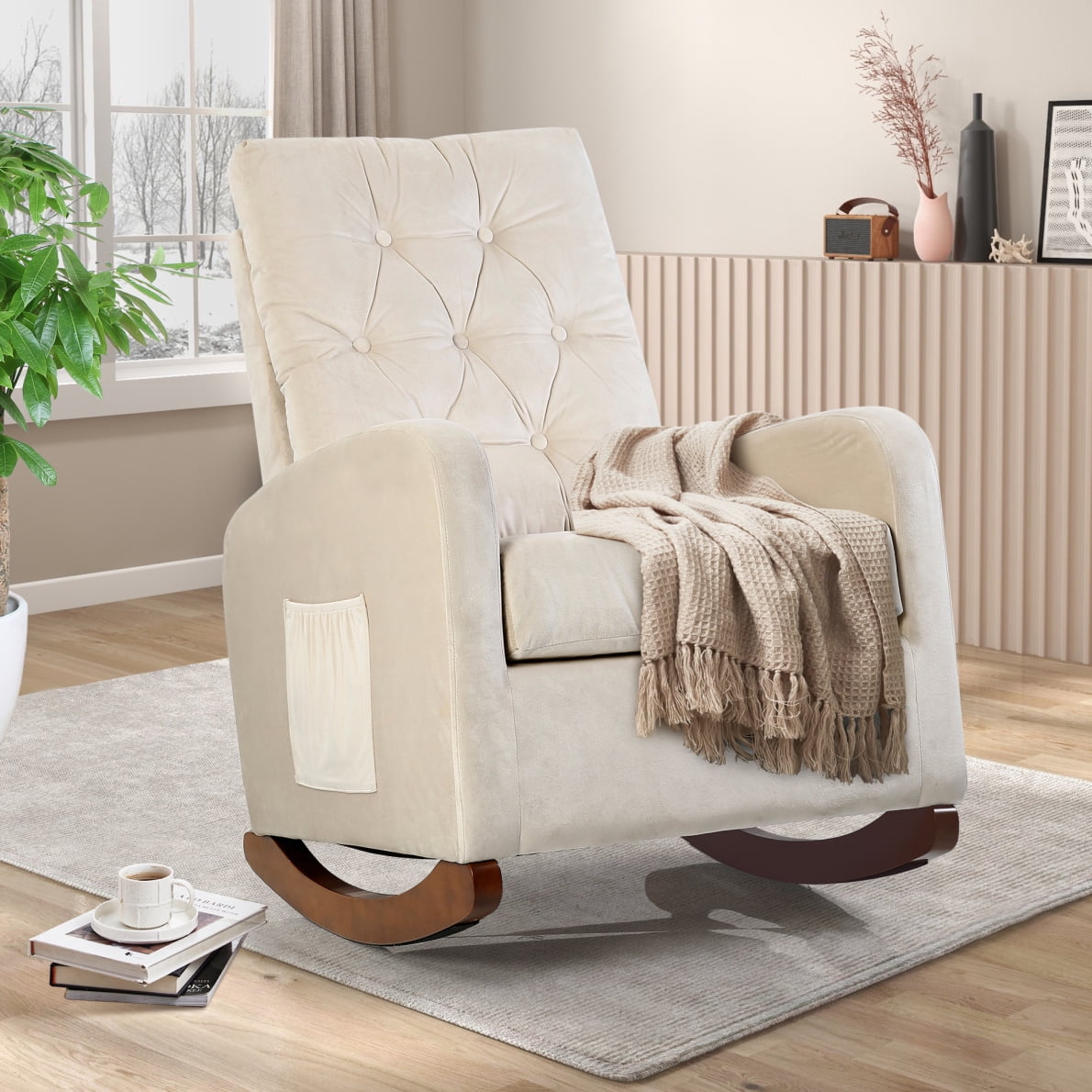 40.6" Nursery Rocking Chair, Modern Upholstered Glider Chairs with Solid Wood Base, High ...