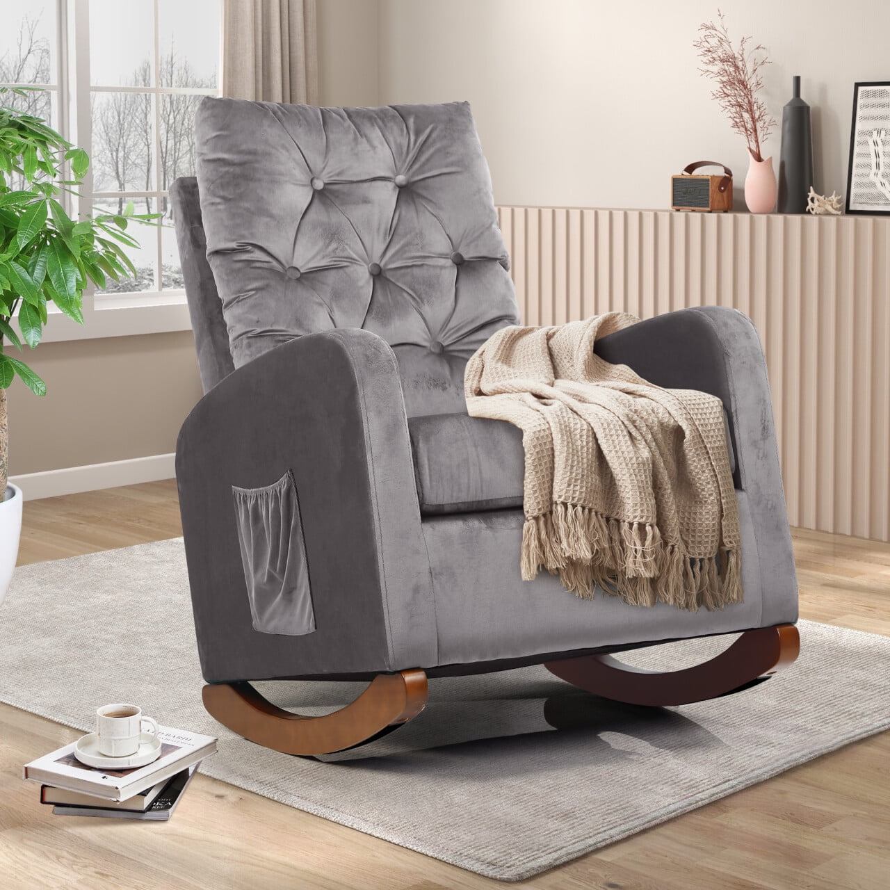 40.6" Nursery Rocking Chair, Modern Upholstered Glider Chairs with Solid Wood Base, High ...