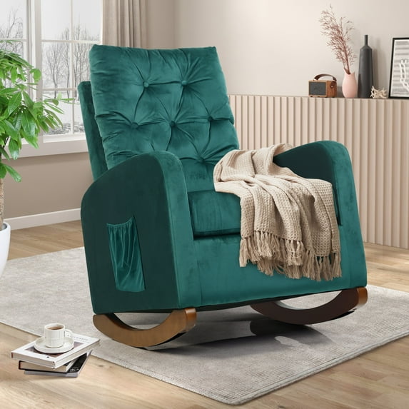 40.6" Nursery Rocking Chair, Modern Upholstered Glider Chairs with Solid Wood Base, High Backrest, Side Pocket, Comfy Nursery Glider Nursing Armchair for Living Room, Bedroom, Green