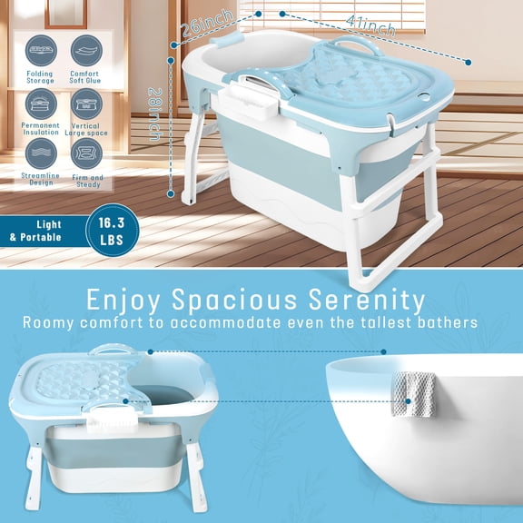 Baellsa 40.6" Portable Folding Bathtub Ergonomic Seat, Massage Roller, Freestanding Collapsible Tub