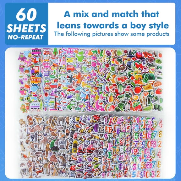 40 60 Different Sheets 3D Stickers for Kids Puffy Children Stickers Boys Girls Teachers Reward Craft Scrapbooking Gift Toys
