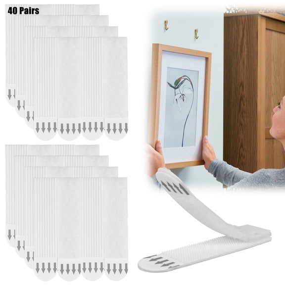 40/60 Pairs Picture Hanging Strips Removable No Nail Hook and Loop Wall Strip Double Sided Photo Frame Sticky Wall Hanger for Picture Frame Poster