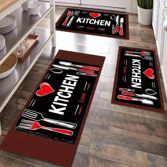 40*60cm Kitchen Mat With Cutlery & Heart Print, Black Background Red White Design, Non-Slip Flannel Floor Mat