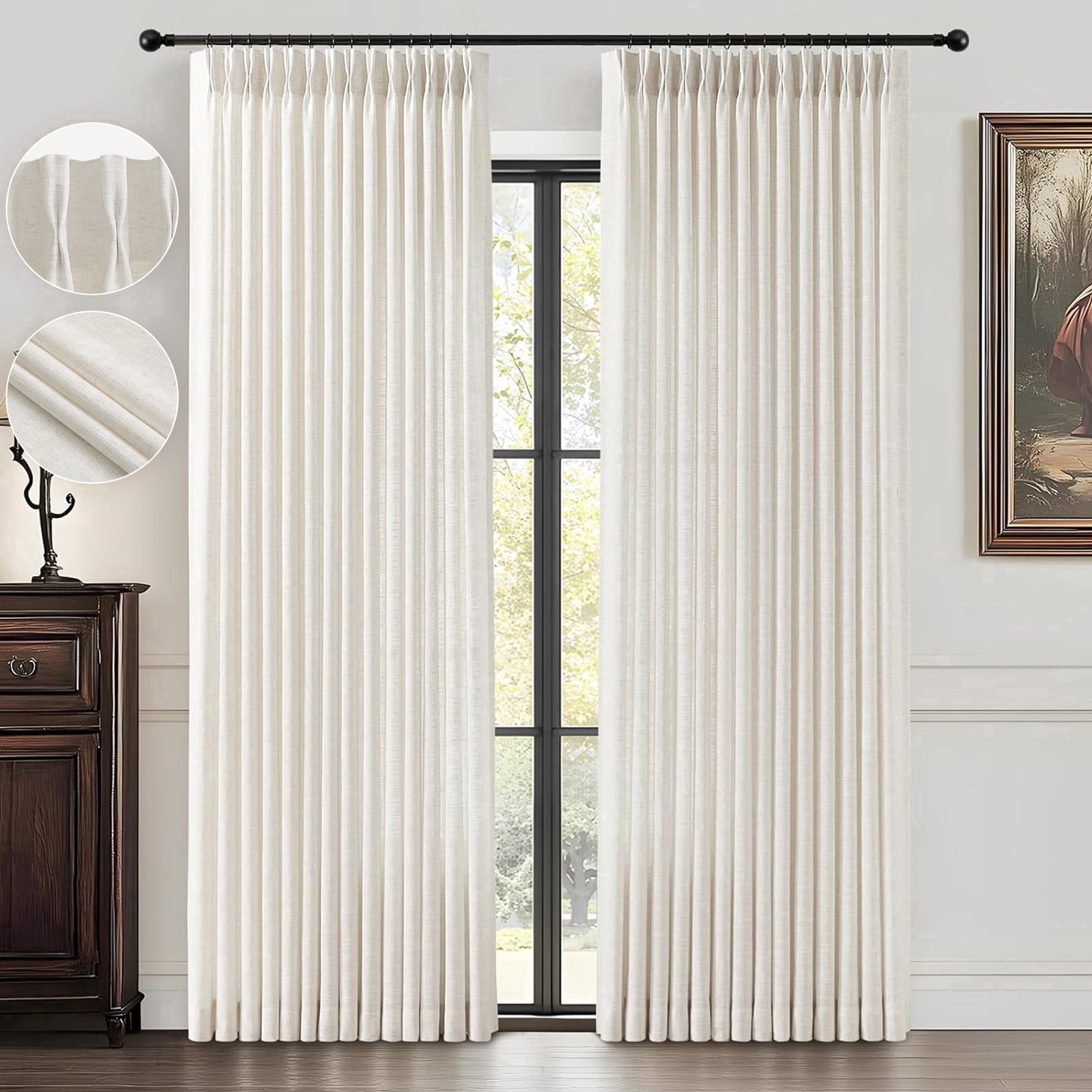 Galenzoov 40×90 inch 2 Panels Pinch Pleated Linen Curtains for Home, Light Filtering Airy & Privacy Protection Breathable Window Drapes for Bedroom, Living room, Office, Natural
