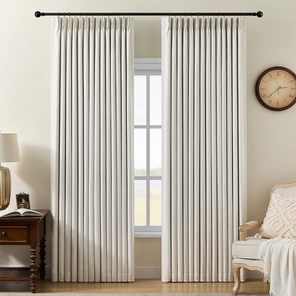 Galenzoov 40×95 inch Pinch Pleated Linen Curtains - 100% Black Out, Thermal Insulated Living Room Bedroom Curtain Double Layer Room Darkening Drapes with Hooks, 2 Panels, Beige