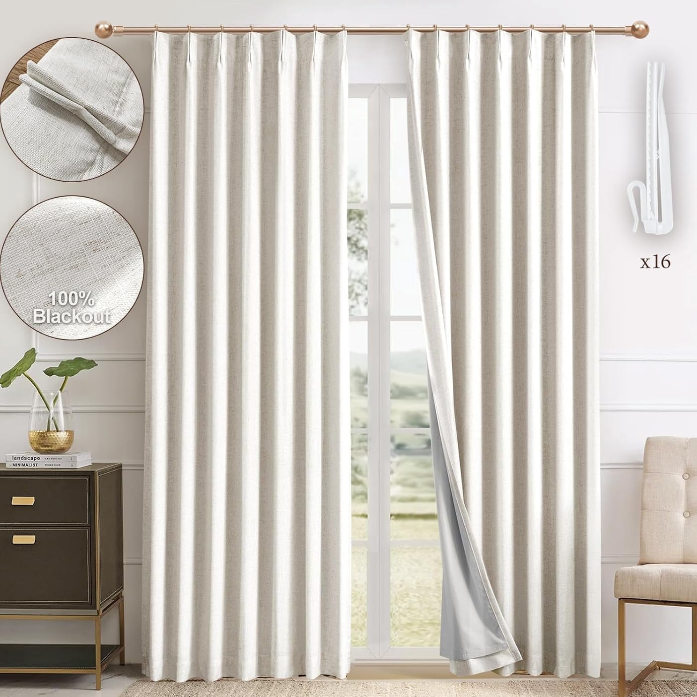 Parojati 2 Panels Linen Blend Pinch Pleated Curtains for Home, Blackout Heat Blocking Window Curtains for Bedroom,Living Room,Office, 40''W×95''L, Beige