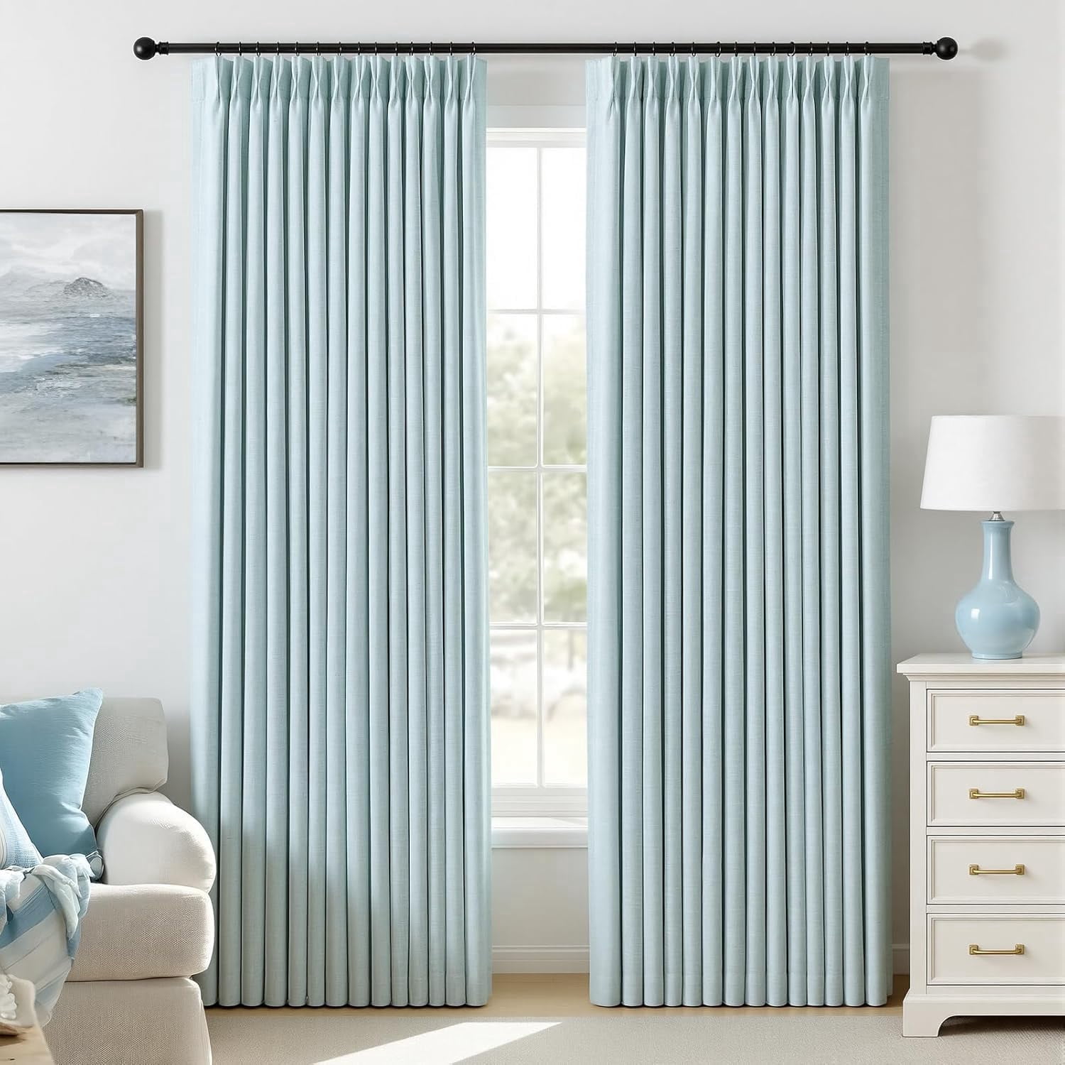 Galenzoov 40*95 inch Pinch Pleated Linen Curtains - 100% Black Out, Thermal Insulated Living Room Bedroom Curtain Double Layer Room Darkening Drapes with Hooks, 2 Panels, Blue