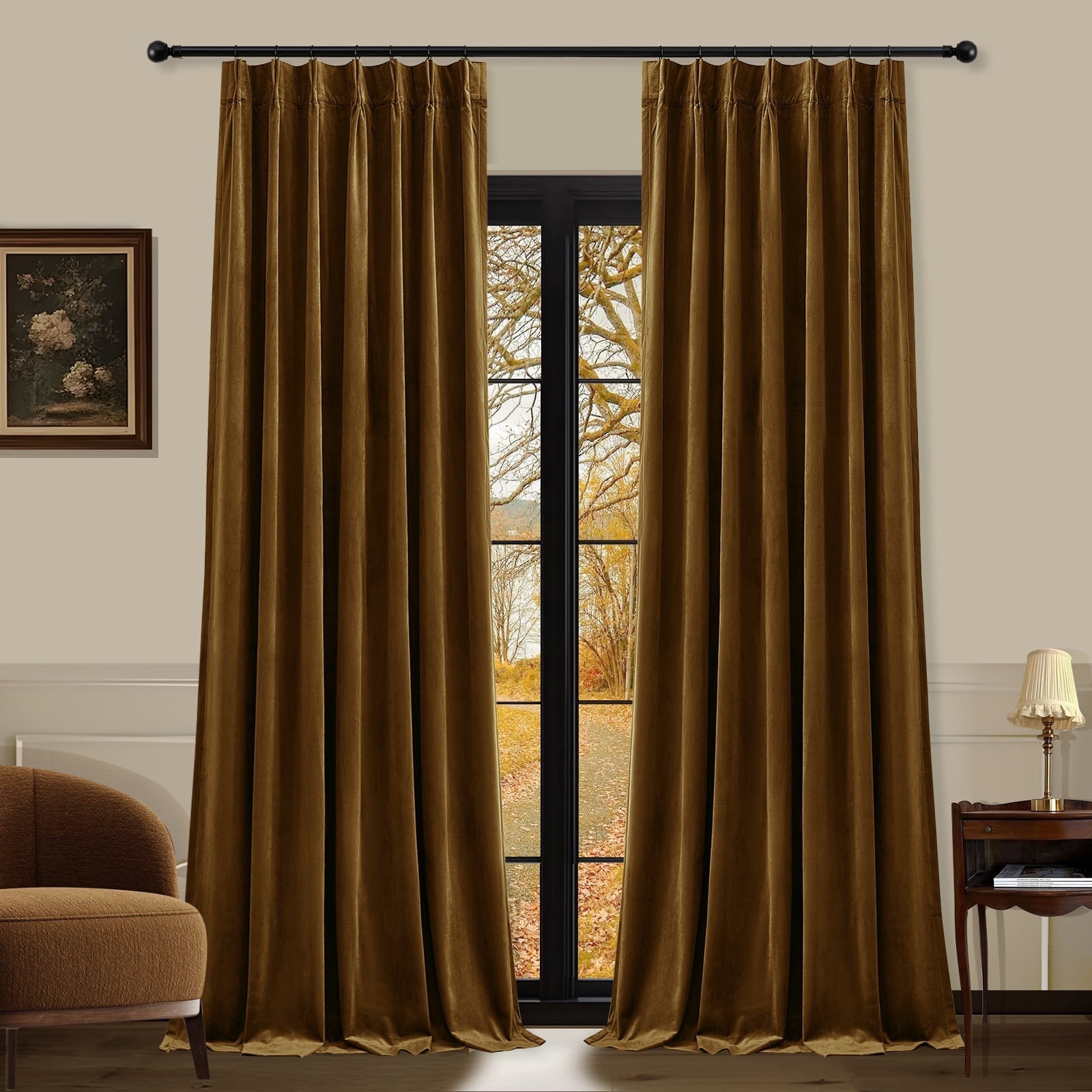 Galenzoov 40*96 inch 2 Panels Pinch Pleated Velvet Curtains for Home, Blackout Heat Blocking Window Curtains with Hooks for Bedroom,Living room,Office,Gold Brown
