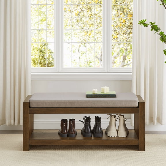 40" Accent Bench with Lower Shelf Shoe Rack, Padded Seating Bench for Living Room, Modern Compact Bed End Bench with Storage for Bedroom Seating, Removable Cushion, 40"W- Linen