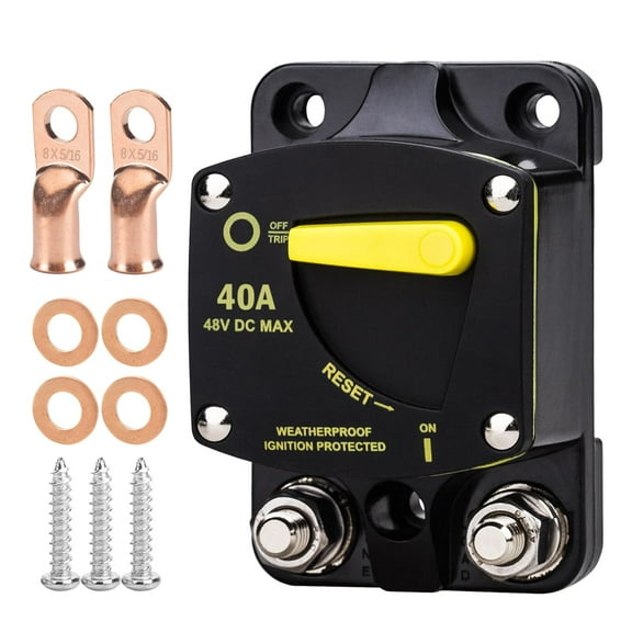 40 Amp Car Circuit Breaker Manual Reset Switch Inline Fuse Holder Inverter for Motor Trolling Vehicles Audio Radio Solar System Protection 12V-48V DC with Wire Lugs Copper Washer Screws