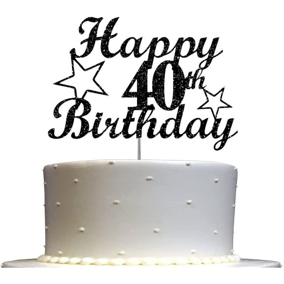 40 Birthday Black Glitter Cake Topper, 40th Party Decoration Ideas, Sturdy Doubled Sided Glitter, Acrylic Stick. Made in USA