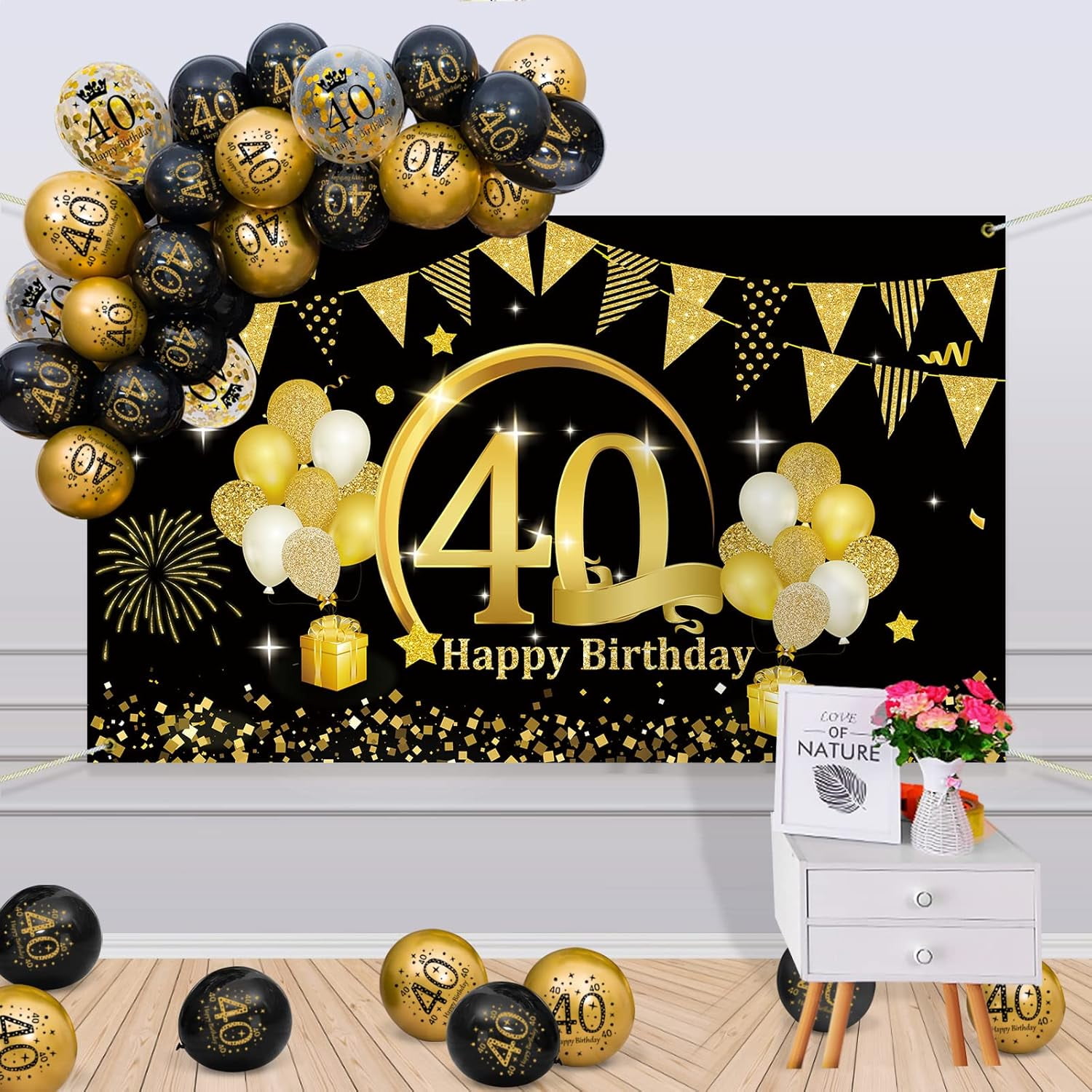 40th Birthday Balloons - 15 Pack 12" Black & Gold Confetti Latex Balloons For Party Decor