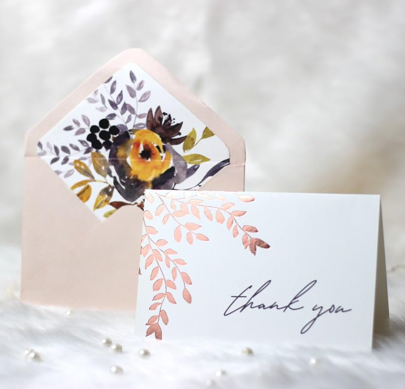 40 Blank Gold Foil Thank You Cards with Liner Envelopes & Floral Stickers for Weddings, Bridal Shower, Engagement, Baby Shower, Business