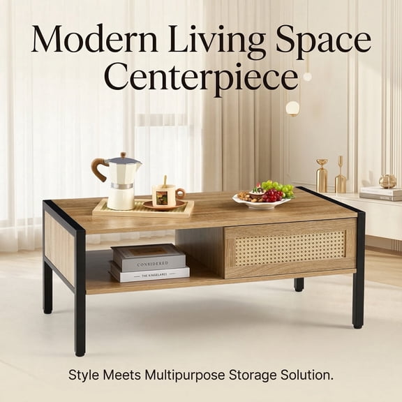 40" Boho Rattan Coffee Table with Sliding Storage Doors, Modern Center Table for Living Room, Natural