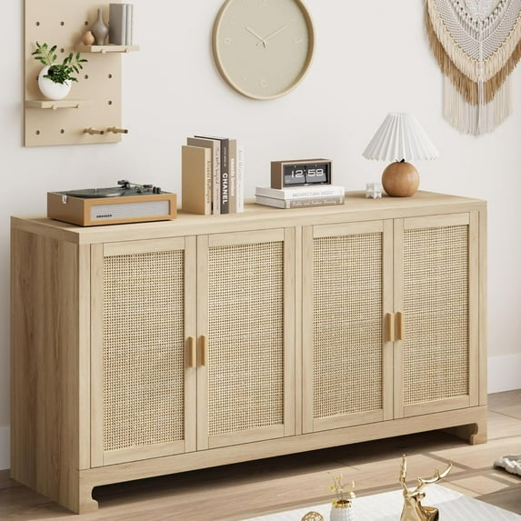 61" Boho Storage Cabinet with Woven Rattan Doors - Adjustable Shelf TV Stand, Coffee Bar & Entryway Organizer, Oak Brown