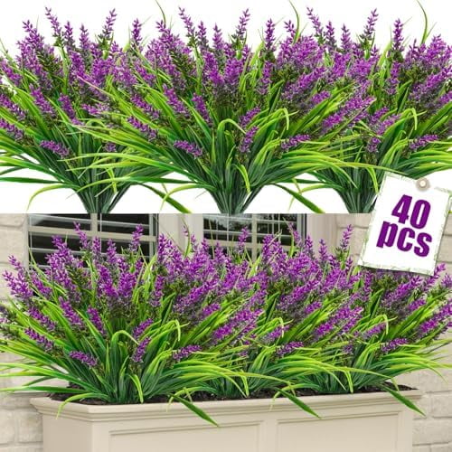 40 Bundles Artificial Plants Outdoor Fake Monkey Grass with Lavender Flowers Plastic UV Resistant Greenery Plant Shrubs for Window Box Porch Garden Patio Outdoor Decor