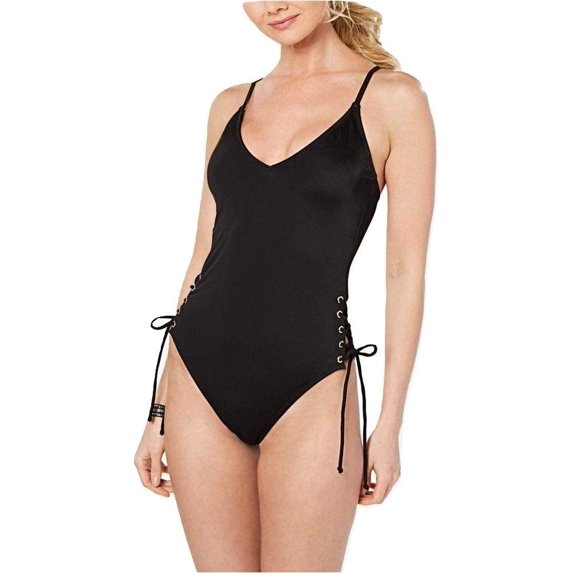 $40 California Waves Ribbed Cross-Back Side-Lace One-Piece Black Size XS