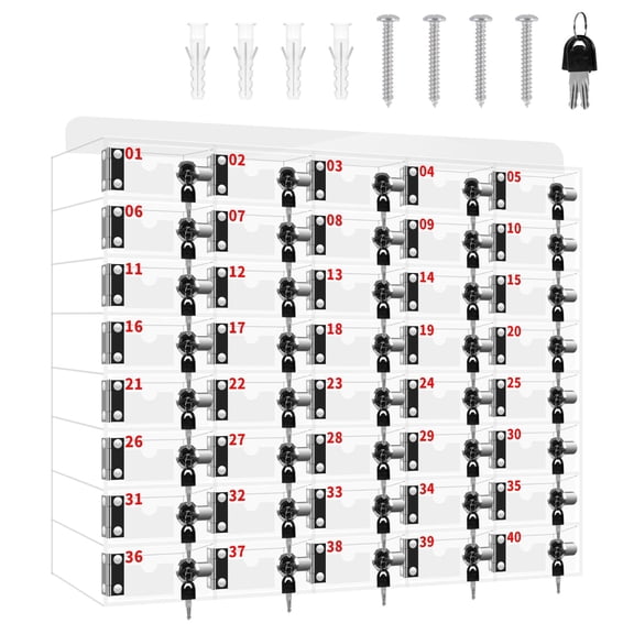 40 Cell Key Locker, Transparent Acrylic Phone Storage, Internal Dimensions 7 x 4 x 7.3 in per Slot, Writing on Top Sign, For Firms Saunas Swimming Pools for Classroom Gym and Public Storage