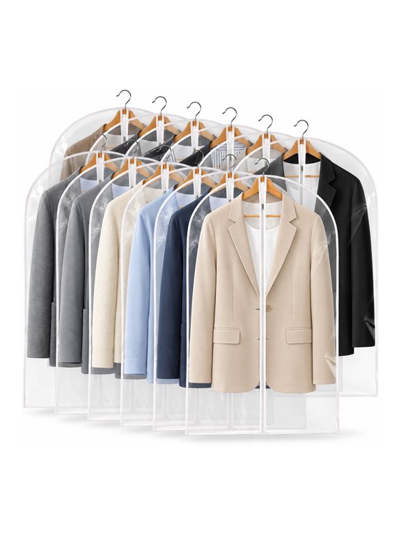 40" Clear Garment Bags for Hanging Clothes, 12 Pack Plastic Waterproof Suit Cover Bags with Zipper for Coats, Jackets, Shirts