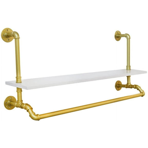 40" Clothes Rack with Top Shelf, Gold Wall Mounted Industrial Pipe Heavy Duty Garment Rack with Shelves Closet Rods for Living Room Bedroom