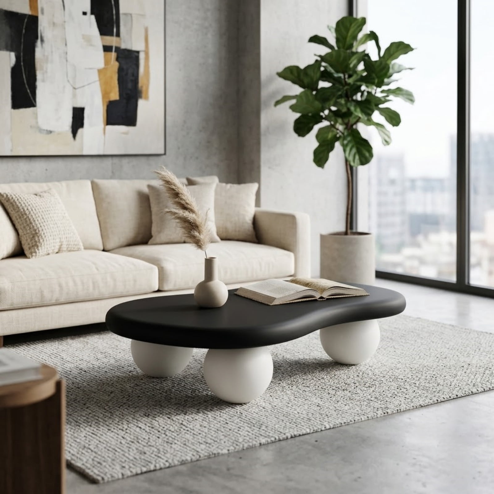 40'' Cloud Shaped Coffee Table, Modern Round Edge Coffee Table with 3 Sturdy Ball Legs, Irregular Center Table Tea Table for Living Room Apartment Office