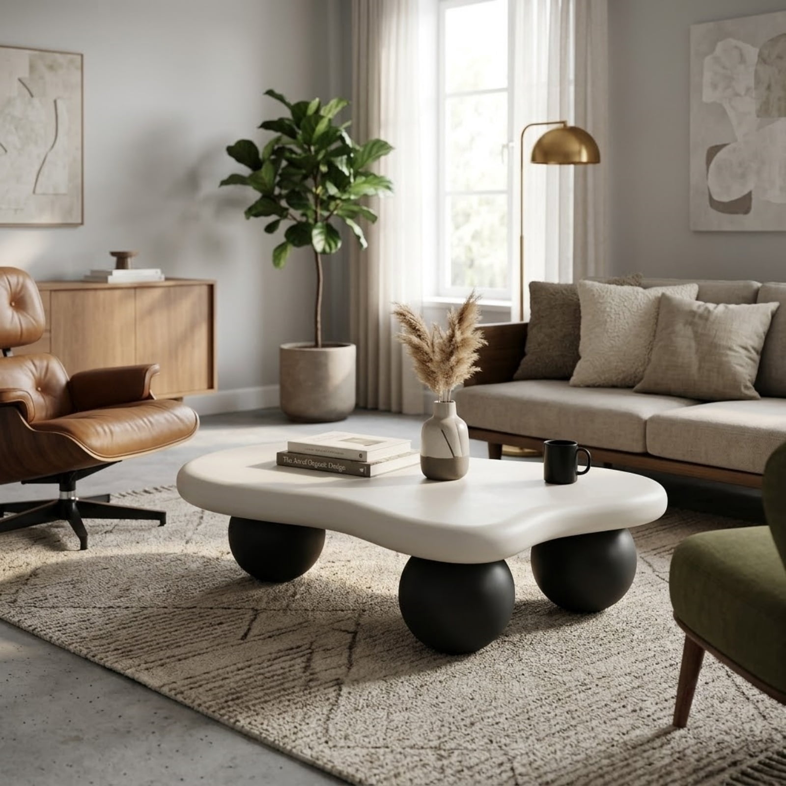 40'' Cloud Shaped Coffee Table, Modern Round Edge Coffee Table with 3 Sturdy Ball Legs, Irregular Center Table Tea Table for Living Room Apartment Office