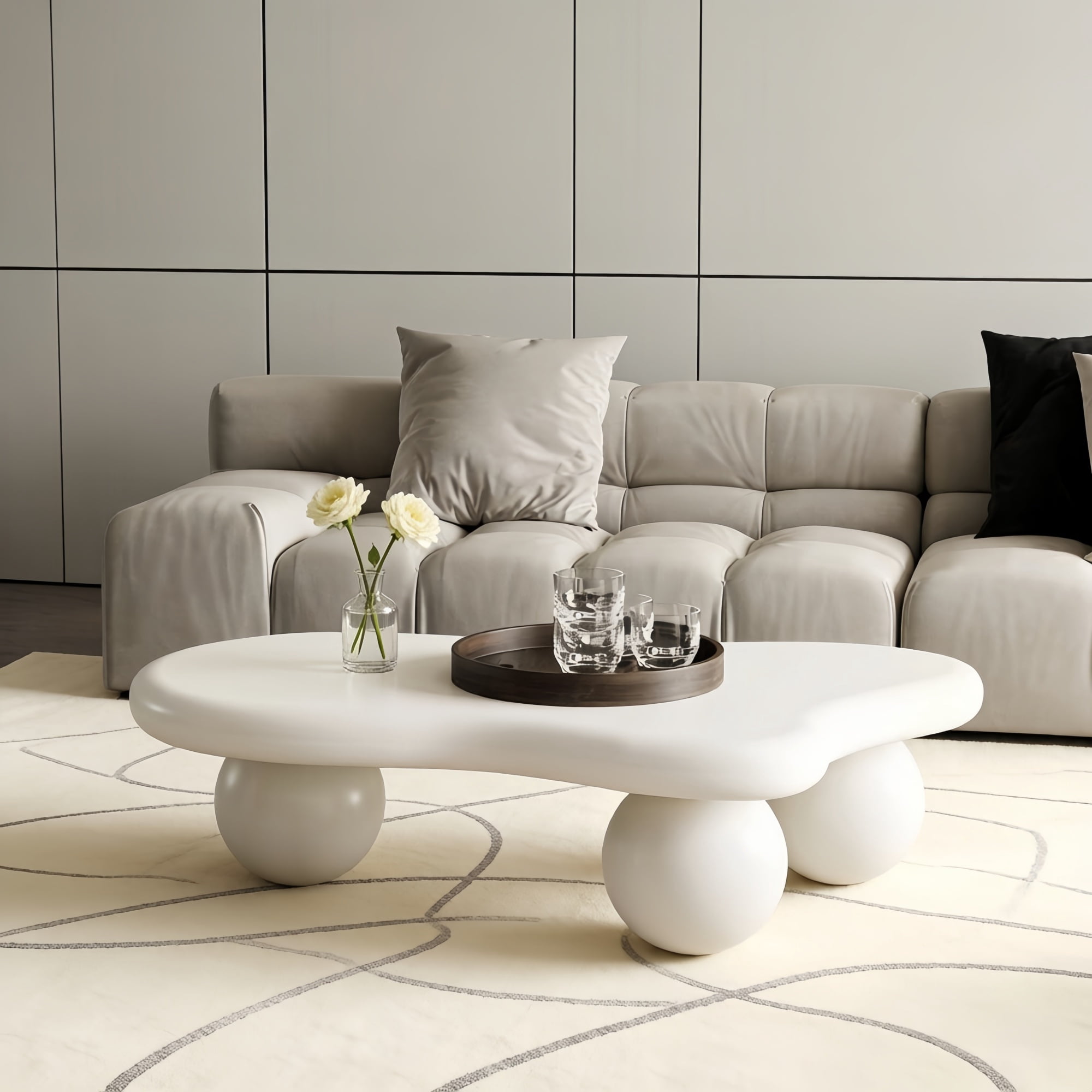 40'' Cloud Shaped Coffee Table with 3 Ball Legs, Cream Style Accent Cocktail Table, Living Room Center End Table