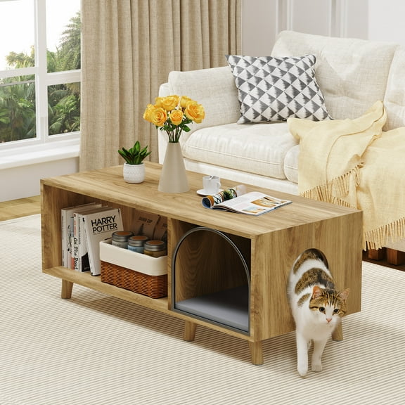 FRAPOW 40 in Coffee Table Cat Tables Living Room with Storage Cabinet, Wooden Rustic Coffee Tables with Cat House, Hidden Kitty Food Table Litter Box Furniture Retro Color