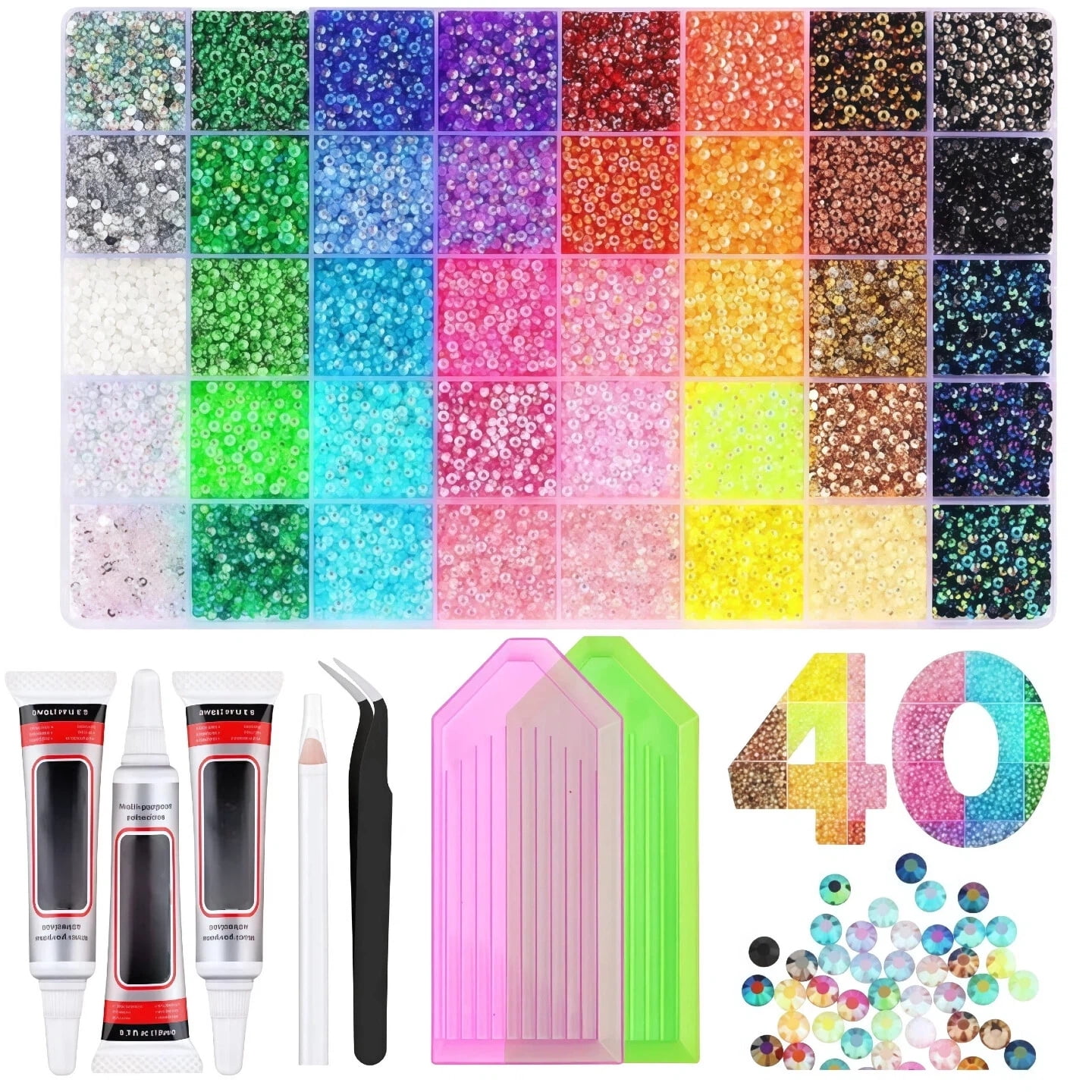 40 Color DIY Resin Rhinestone Kit 32000 Pcs 2-3mm Multicolor Book Bedazzling Kit for Diamond Painting, Clothes, Cup, Shoes, Nails & Craft Projects