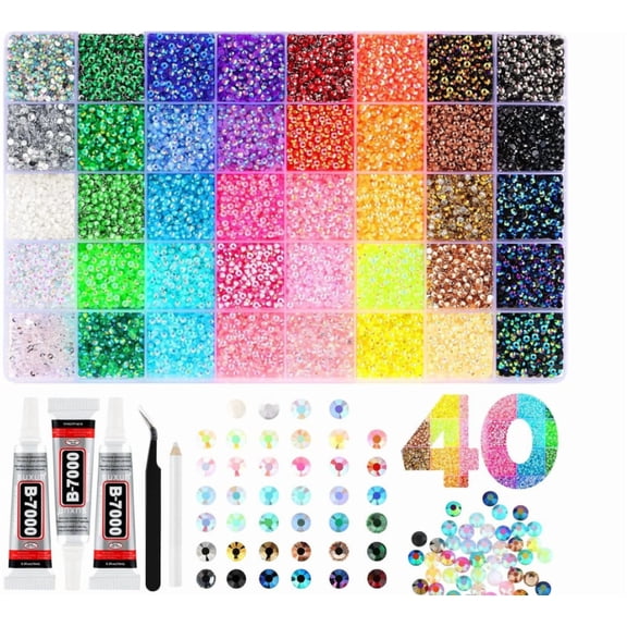 40-Color Resin Jelly Rhinestones for Bedazzling – 32,000 Pcs 3mm Flatback Gems with 3Pcs B7000 Glue, DIY Craft Kit for Clothing, Shoes, Nails, Tumblers, Phone Cases & Diamond Art (Storage Box Include