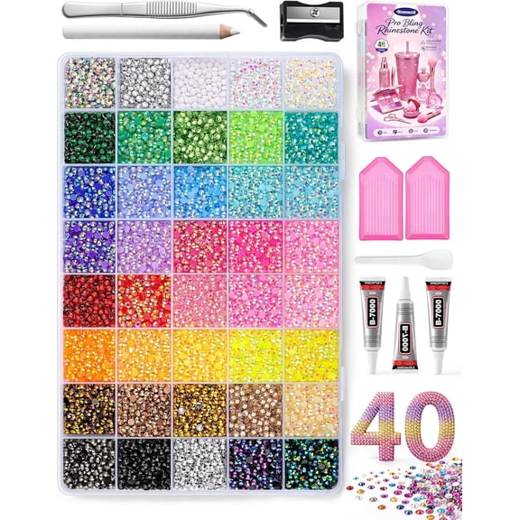 40 Colors 4mm Resin Flatback Rhinestones Kit, Bedazzling Kit with B7000 Glue, Rhinestone Pickup Pen, Tweezers, Sorting Trays & Storage Box for Nail Art, DIY Crafts, Phone Case, Clothes Decoration
