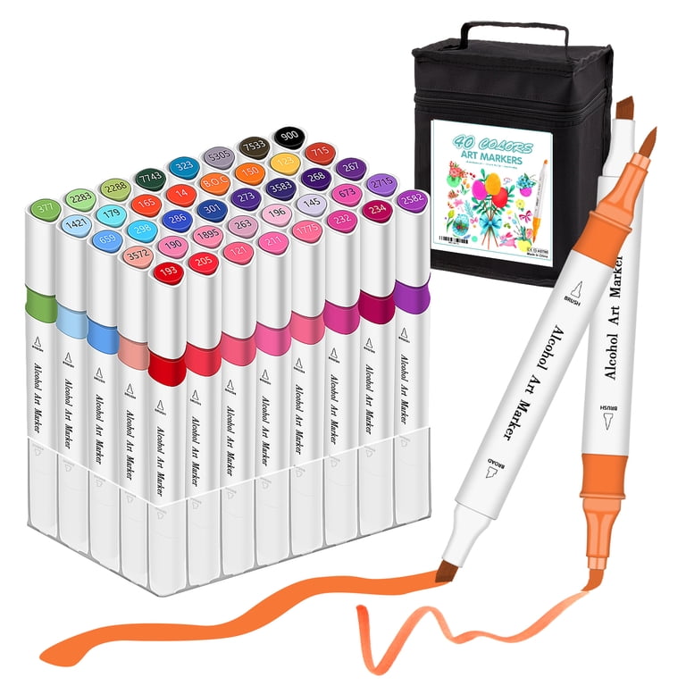 40 Color Alcohol Art Markers Set - Dual Tip Brush & Fine Point For Adult Coloring & Illustration