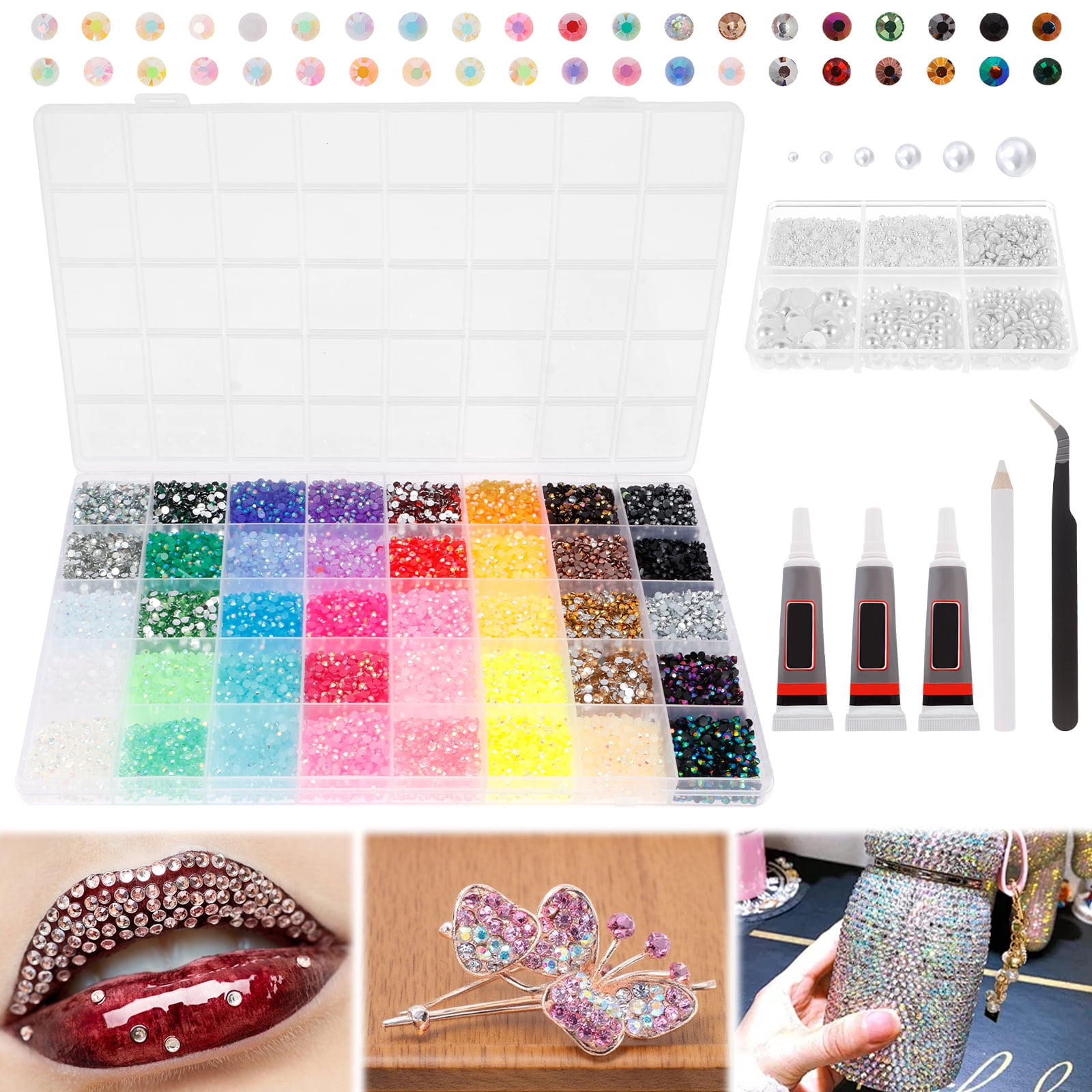 40 Colors Bedazzling Kit 3mm 32000 Jelly Rhinestone and 3600 White Half Round Pearl Bedazzle Kit for Decorating Shoe Clothes Nail Art