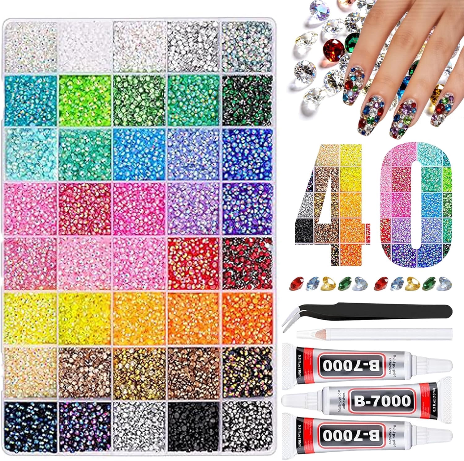 40 Colors Resin Jelly Rhinestones for Bedazzling, 3mm 32000 Pcs Flatback Gems for Diamond, ArtBedazzler Kit with 3 Pcs 10ml B7000 Jewelry Glue for Nail and Makeup