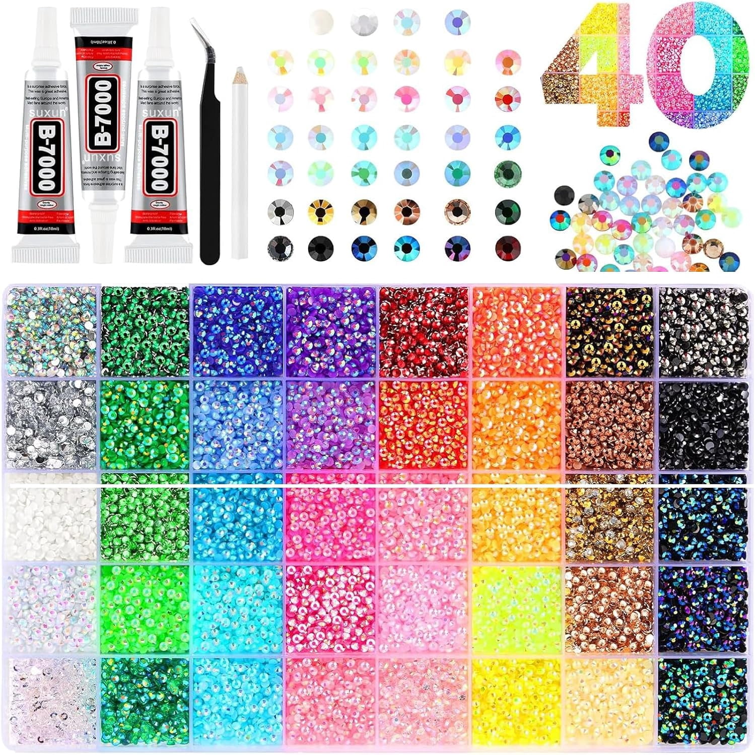 40 Colors Resin Jelly Rhinestones for Bedazzling – 3mm 32000 Pcs Flatback Gems Kit with B7000 Glue for Nail Shoes Crafts DIY
