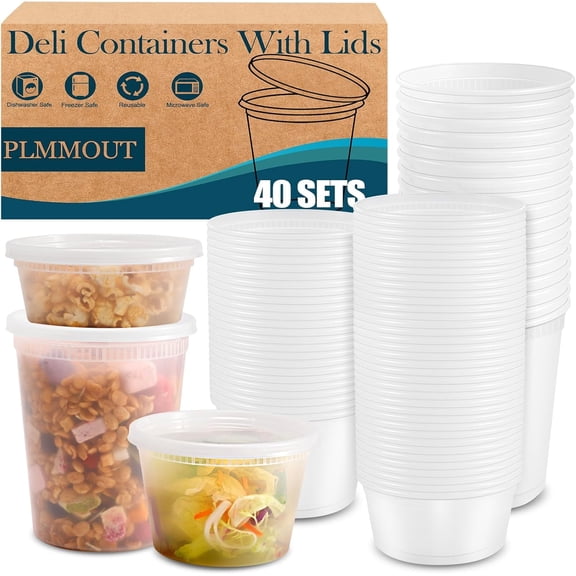 40 Combo Pack Deli Containers with Lids,Disposable Deli Food Storage Containers,Leakproof Heavy-Duty Quality Containers BPA Free,Microwave Freezer Dishwasher Safe(8oz,16oz,32oz)