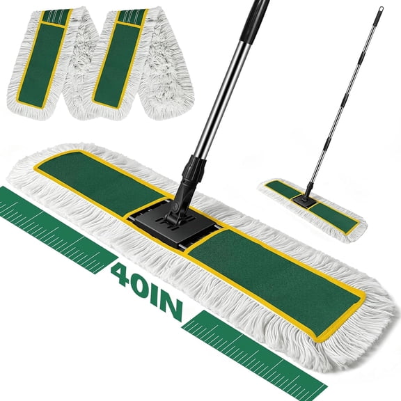 40" Commercial Dust Mop for Floor Cleaning, Heavy Duty Flat Mop | Industrial 64" Long Handle Push Broom with 2 Cotton Pads for Hardwood, Tile, Laminate, Concrete, Warehouse & Gym Cleaning
