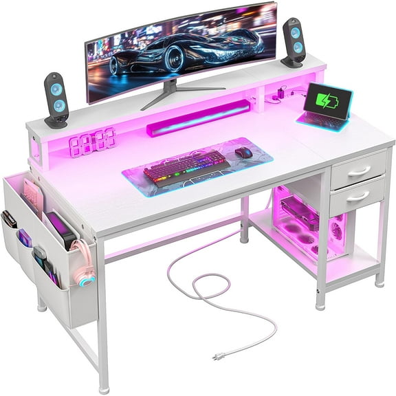 40" Computer Desk with LED Lights, Gaming Desk with Drawers & Storage Bag, Small Office Desks with Power Outlets & Monitor Stand, Home Office Desks for Bedroom, Gaming Room, White