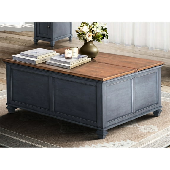 40" Corduroy Blue Coffee Table With Lift-top Function. No Assembly Needed. Composed Of Rubber Solids And Birch Veneers. Antique Appliques In Blue. 40 Inch. Assembly. Constructed Rubberwood &
