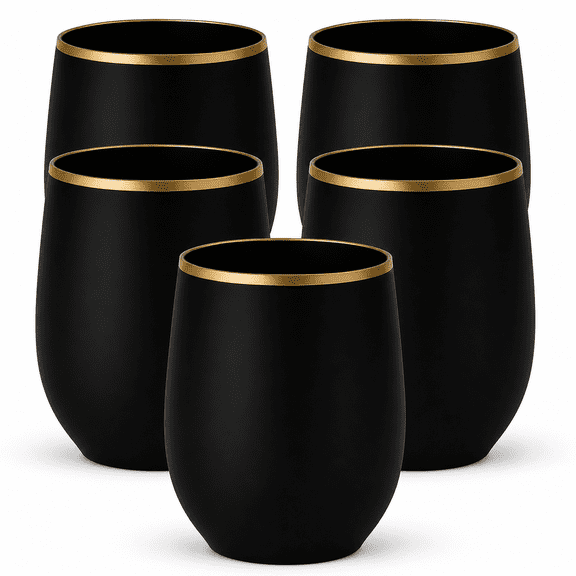 40 Count 12 Ounce Cups Unbreakable Stemless Plastic Wine Champagne Glasses Elegant Durable Disposable Indoor Outdoor Ideal For Home Office Bars Wedding Black Rim Matte