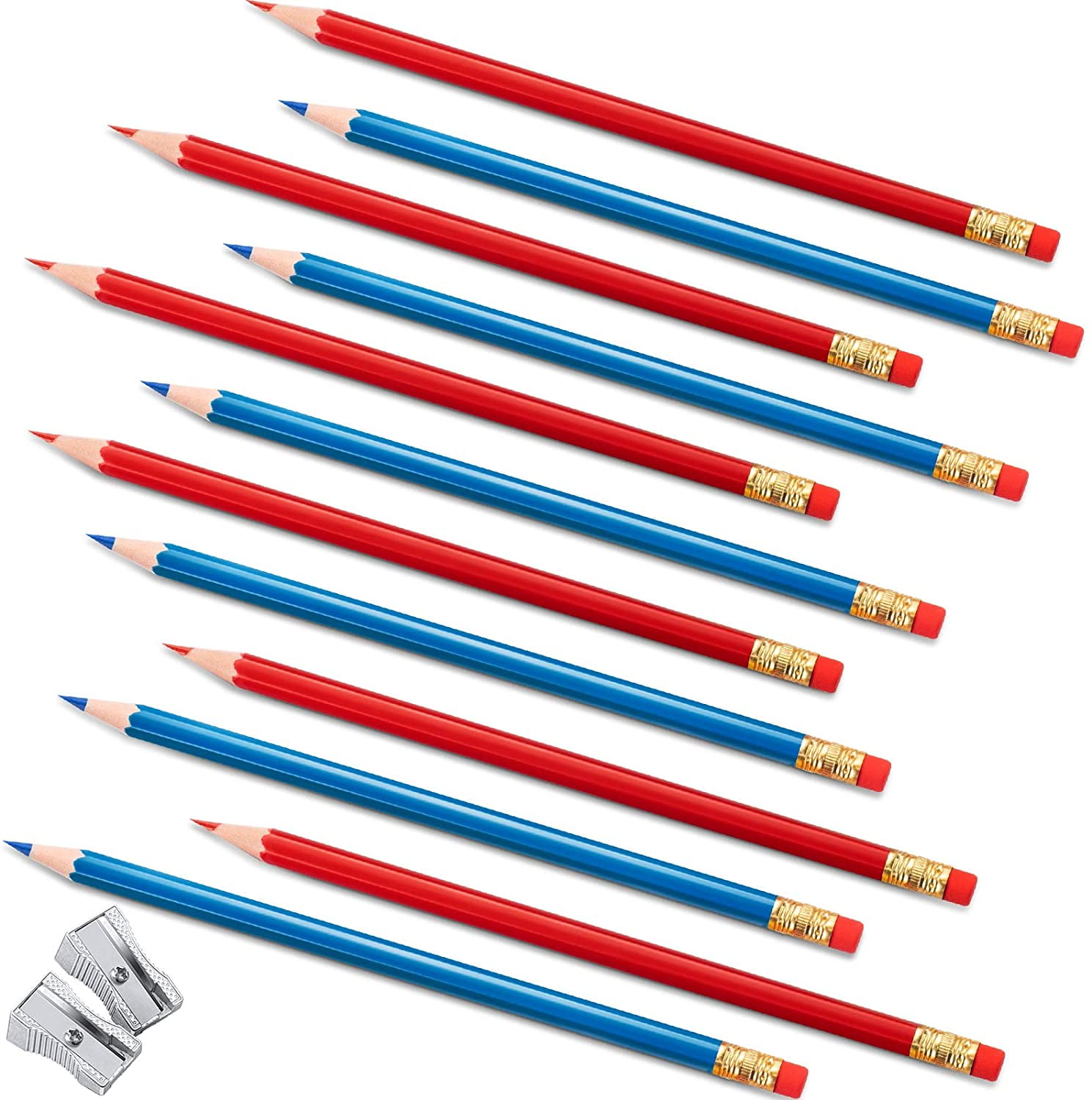 40 Counts Erasable Colored Pencils Red Blue Colored Pencils with Eraser and 2 Pieces Mini Metal Pencil Sharpeners