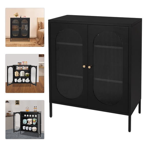 40" Display Cabinet Distressed Tall Accent Distressed Cabinet Storage + 2 Doors Black