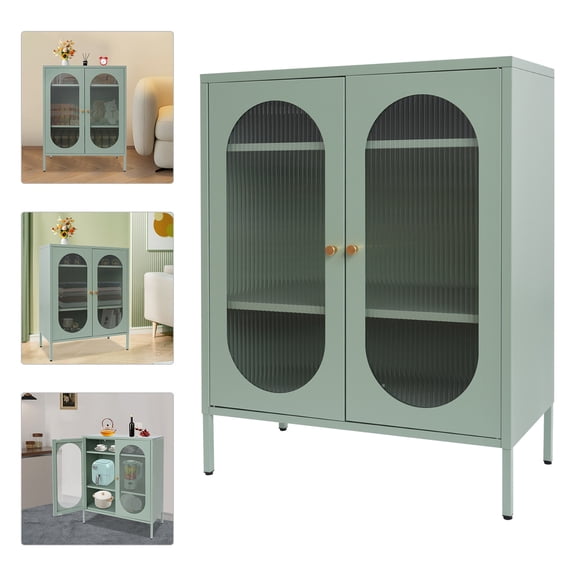 40" Display Cabinet Distressed Tall Accent Distressed Cabinet Storage + 2 Doors Creamy Green