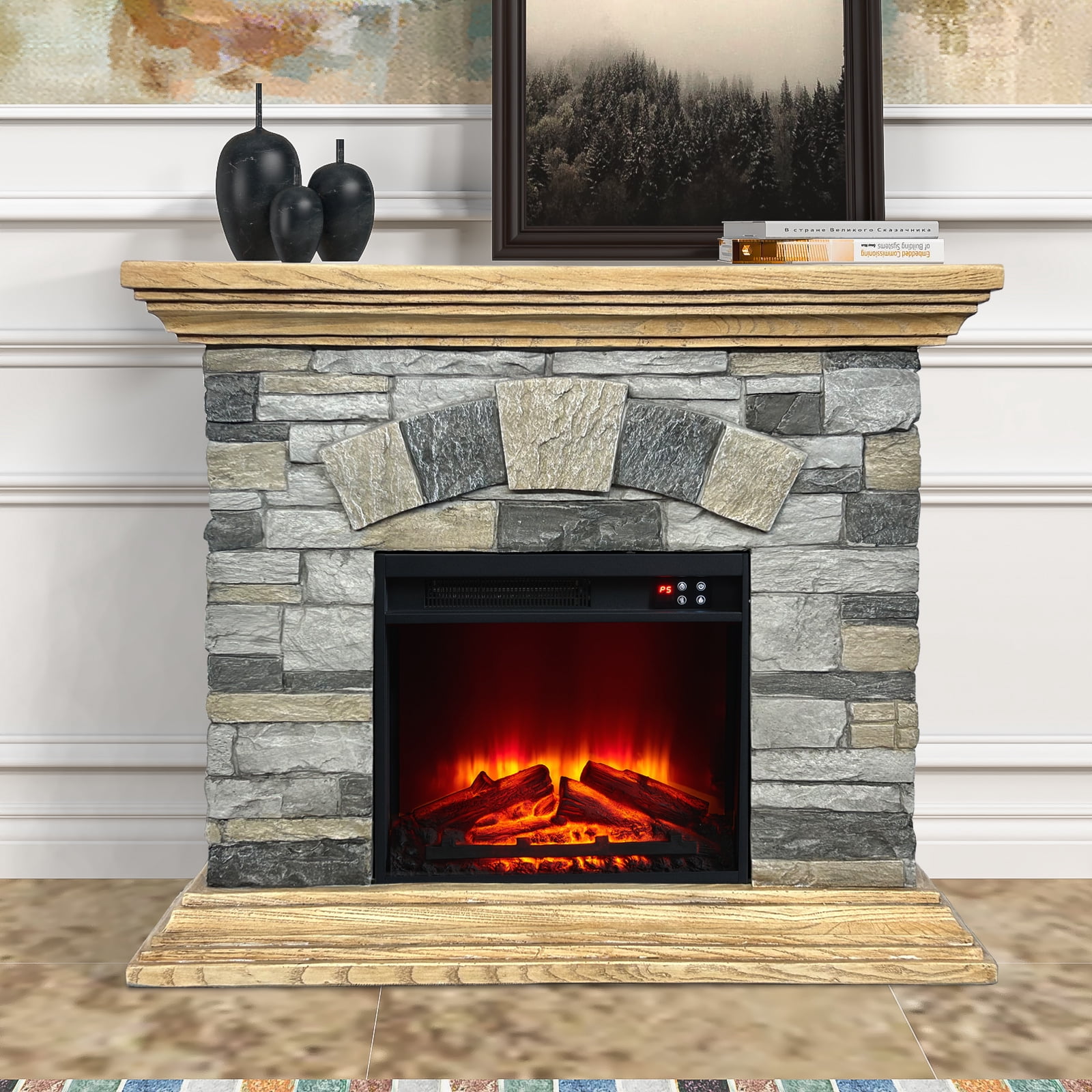 Joy River 40” Electric Fireplace with Faux Brick Interior and Remote Control in Brown Finish