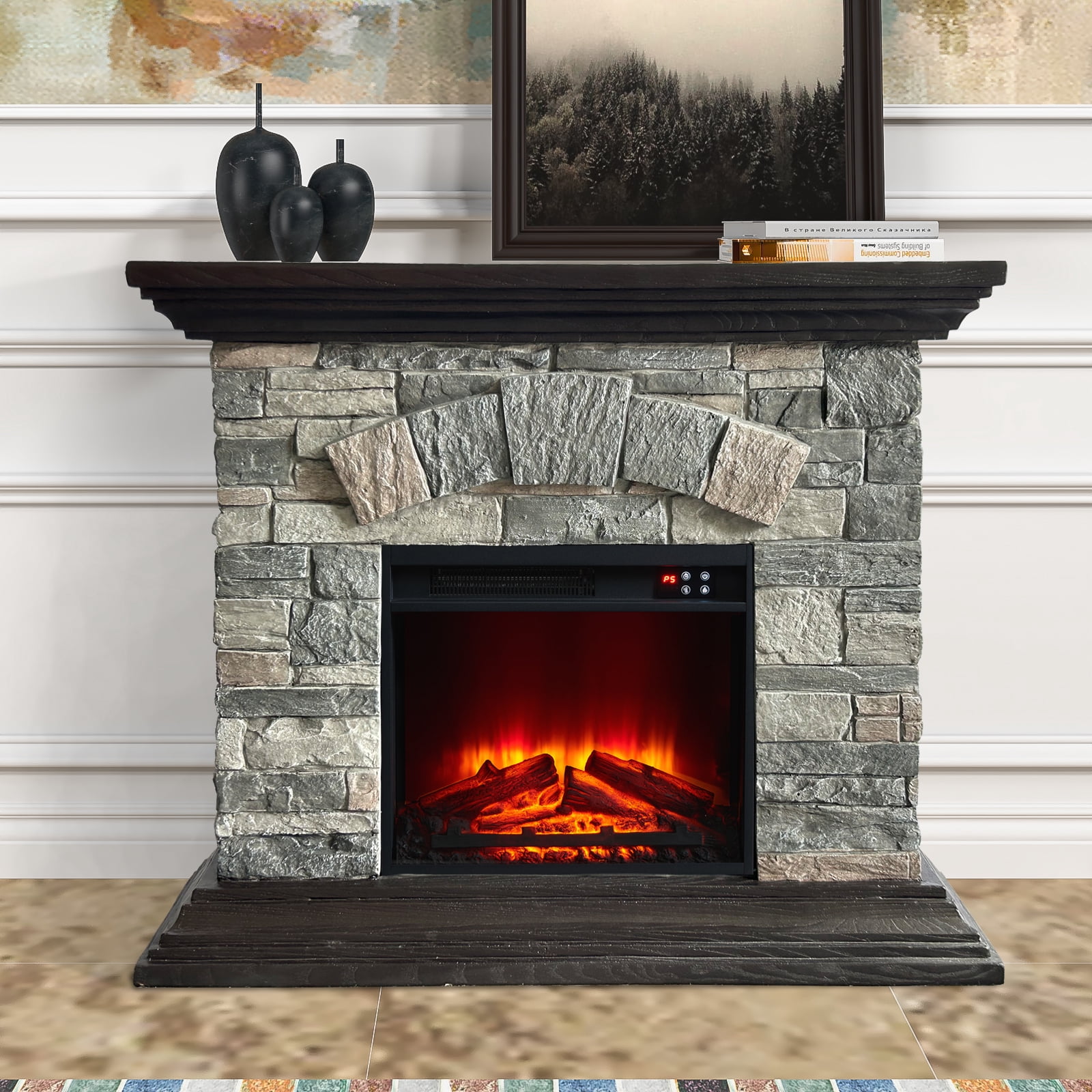 Joy River 40“ Grey Electric Fireplace with Faux Brick, Remote Control, and Adjustable Flame